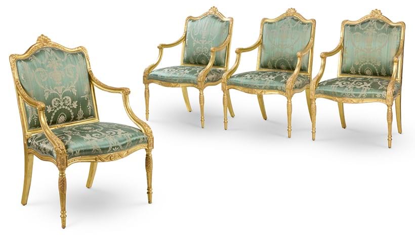 Inline Image - Lot 47: A set of four George III giltwood armchairs, attributed to Ince & Mayhew, circa 1785 | Est. £20,000-30,000 (+ fees)
