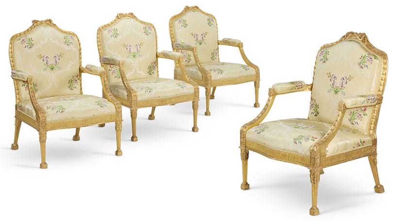Inline Image - Lot 52: A set of four George III giltwood open armchairs, attributed to John Linnell, circa 1775 | Est. £50,000-80,000 (+ fees)