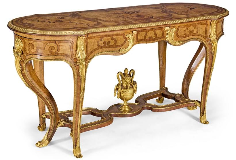 Inline Image - Lot 54: A matched pair of Victorian ormolu-mounted burr-elm, kingwood crossbanded and floral marquetry centre tables, by Blake, London, circa 1868 | Est. £30,000-50,000 (+ fees)