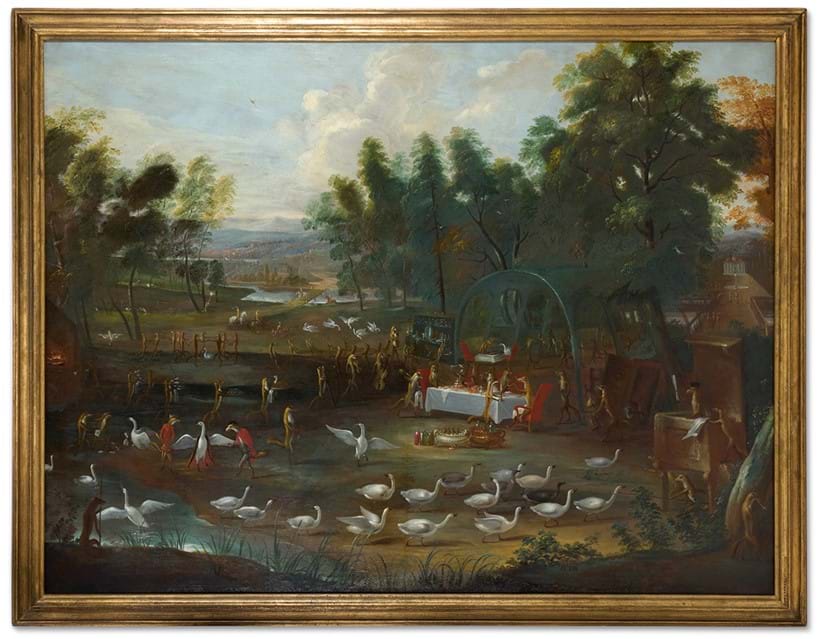 Inline Image - Lot 58: Flemish School, early 17th century, ‘A fete champetre of foxes and swans’, Oil on canvas | Est. £15,000-25,000 (+ fees)