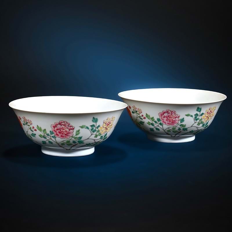 A rare pair of Chinese Famille Rose 'Peony' Bowls, Yongzheng six-character marks and of the Period