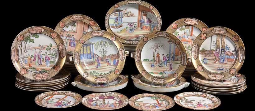 Inline Image - Lot 238, attractive, Chinese Famille Rose 'Rockefeller' pattern part-service. 62 pieces; est. £10,000-15,000 (+fees)