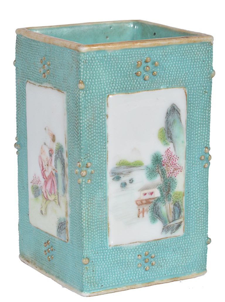 Inline Image - Lot 240, small Chinese Famille Rose turquoise-ground brush pot; est. £1,000-1,500 (+fees)
