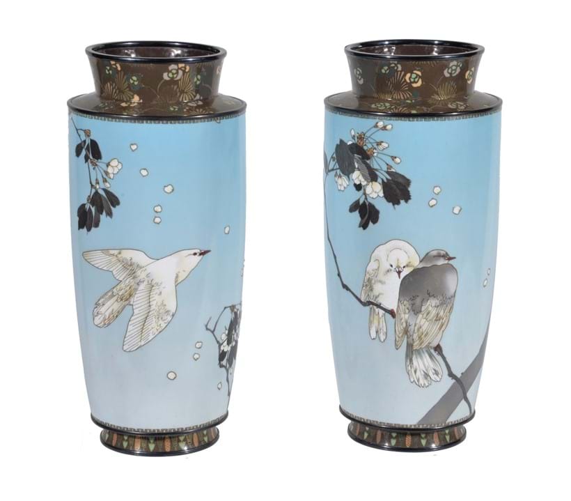 Inline Image - Lot 414, Manner of Namikawa Sosuke; a pair of Silver Wire Cloisonné Enamel Vases; est. £2,000-3,000, sold for £26,250
