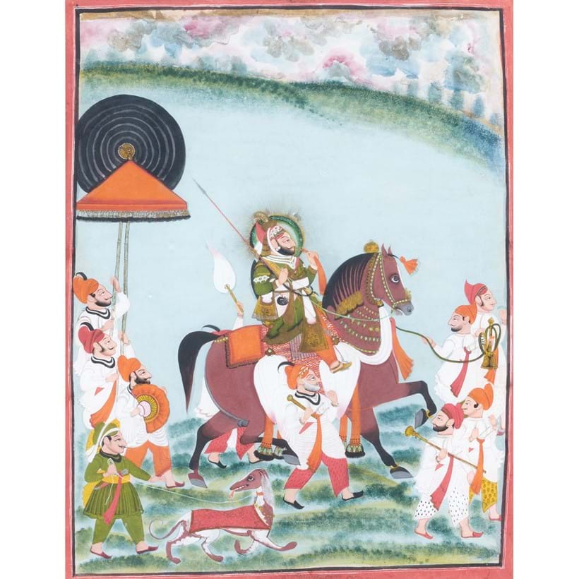 Inline Image - Lot 9: Mewar (Rajasthan) School, mid 19th century a large equestrian portrait of possibly Maharana Bhim Singh of Udaipur | Sold for £30,440