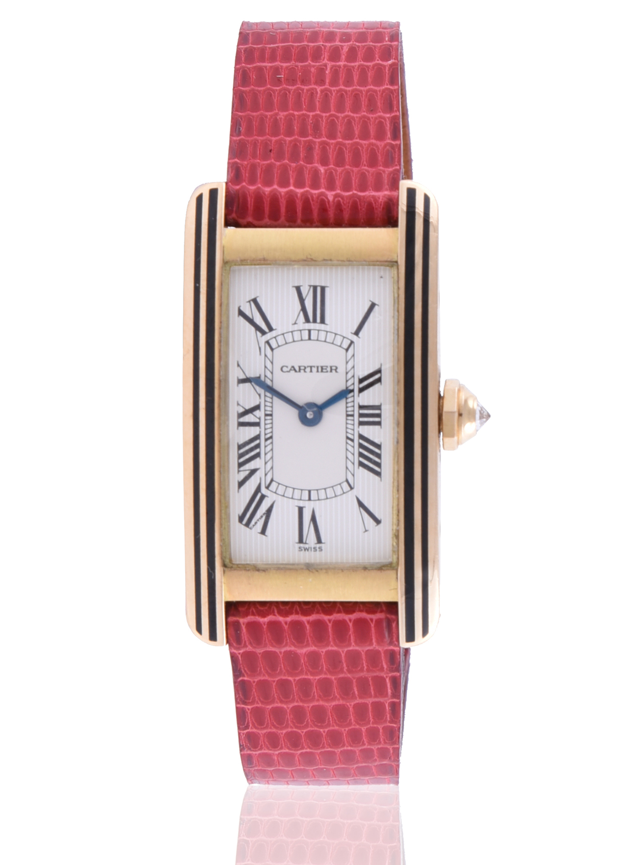 Inline Image - Cartier, Tank Américaine, Ref. 1711-1, lady's 18 carat gold and black enamel wrist watch, No. C91801 | Sold for £5,250 (March 2022)