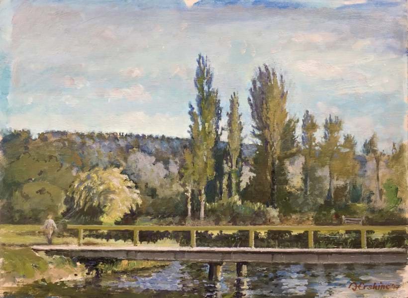 Inline Image - The River Test at Compton, signed and dated 17, oil on board, 29 x 39cm