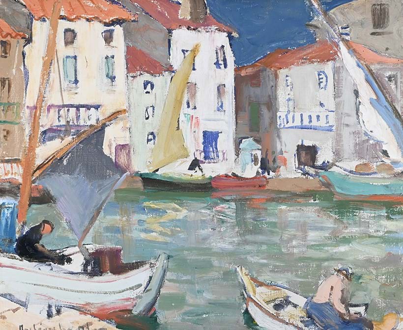 Inline Image - Lot 349: John Maclauchlan Milne (Scottish 1885-1957) The Harbour, St. Tropez, Oil on canvas | Sold for £38,000