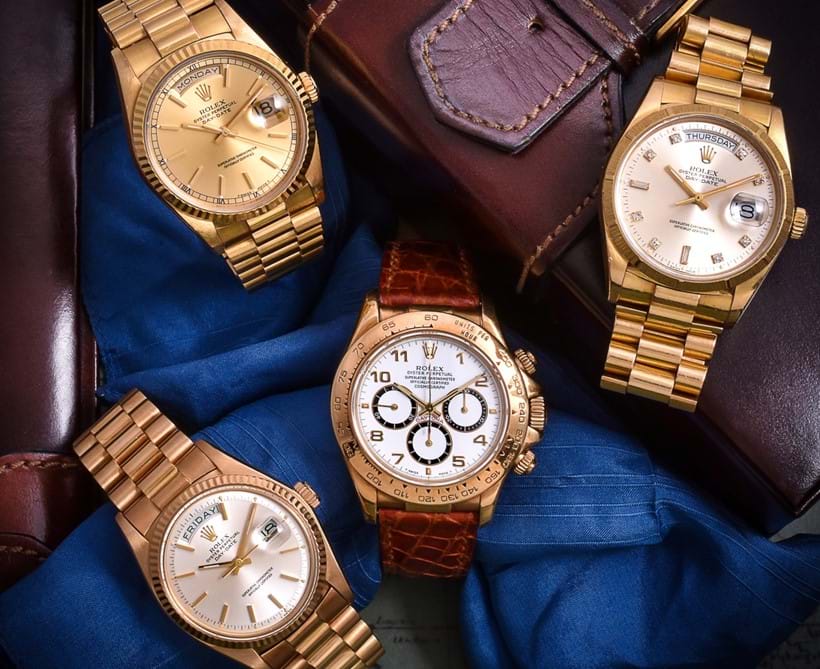 Inline Image - Left to right: Lot 266, Rolex Oyster Perpetual Day-Date, ref. 1803/8, 
18ct. gold bracelet watch, no. 5106674, circa 1977 
Est. £5,000-7,000 (+fees) 
Lot 268, Rolex Oyster Perpetual Day-Date, ref. 18238, 
18ct gold bracelet wristwatch, no. L930928, circa 1989; est. £5,000-7,000 (+fees) | Lot 259, Rolex Oyster Perpetual Cosmograph Daytona, ref. 16518, 18ct gold wrist watch, circa 1991; est. £7,000-9,000 (+fees) | Lot 267, Rolex Oyster Perpetual Day-Date, ref. 18048, 18ct gold bracelet wristwatch, no. 9588320, circa 1987; est. £5,000-7,000 (+fees)
