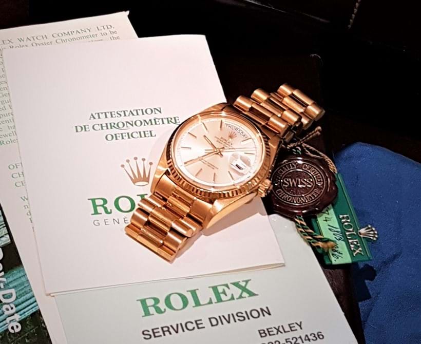 Inline Image - Lot 266, Rolex Oyster Perpetual Day-Date, ref. 1803/8, 18ct. gold bracelet watch, no. 5106674, circa 1977; est. £5,000-7,000 (+fees)