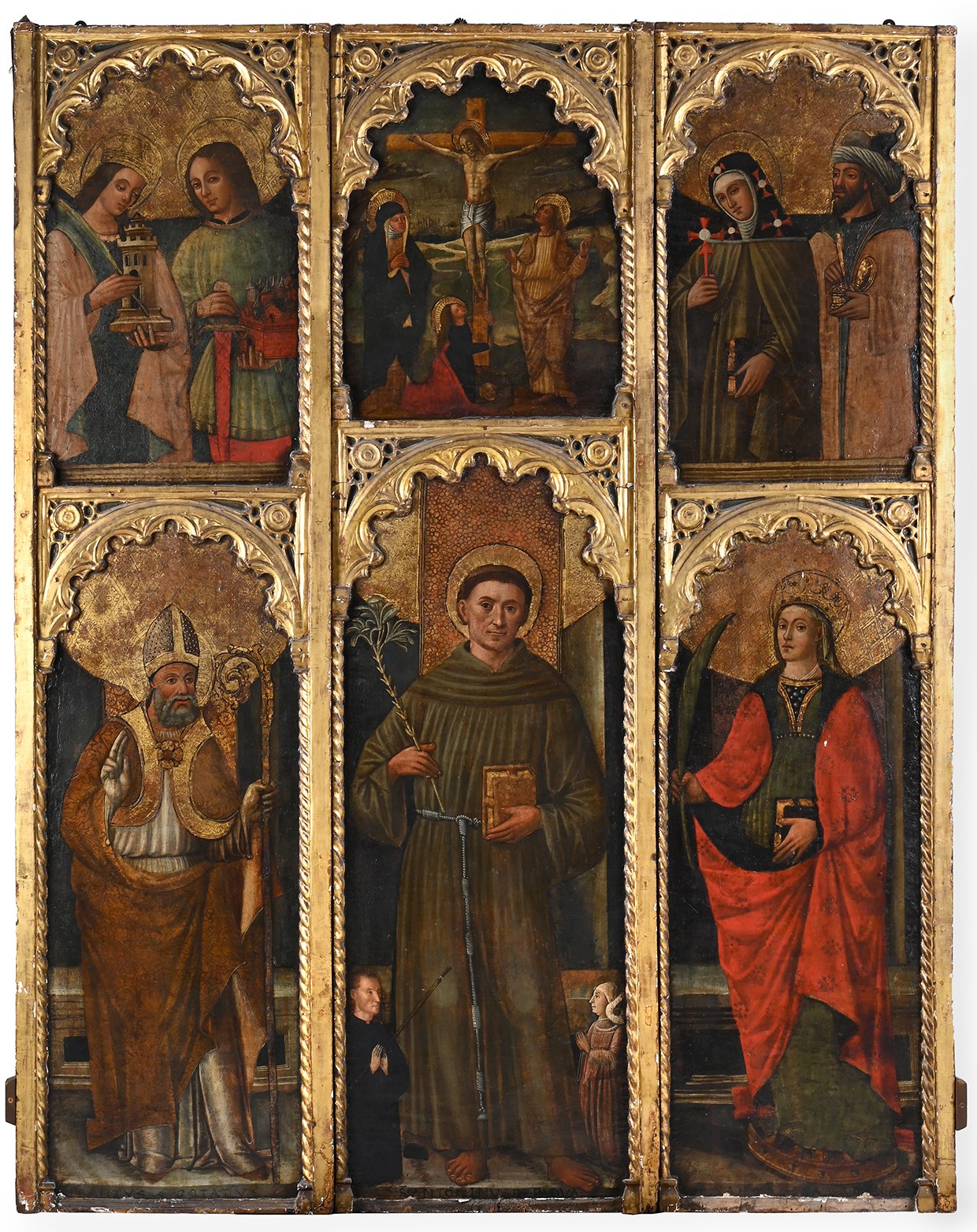 Inline Image - Lot 55: Italian School, Possibly Ligurian (Circa 1500), ‘Altarpiece with Saint Anthony of Padua and Donors as Centrepiece, with other Saints and Crucifixion’, Oil and gilt-ground on panel | Sold for £56,900