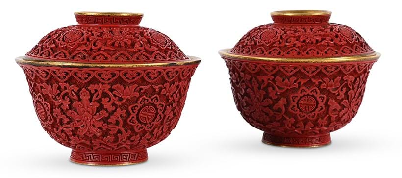 Inline Image - Lot 126: A pair of Chinese gilt bronze and cinnabar lacquer bowls and covers, Qing Dynasty, Qianlong Period (1736-1795) | Sold for £30,440