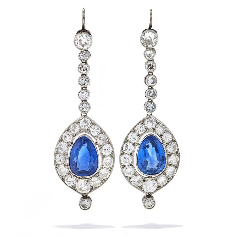 Inline Image - Lot 12: A pair of early 20th century sapphire and diamond pendant earrings circa 1920 | Sold for £24,130