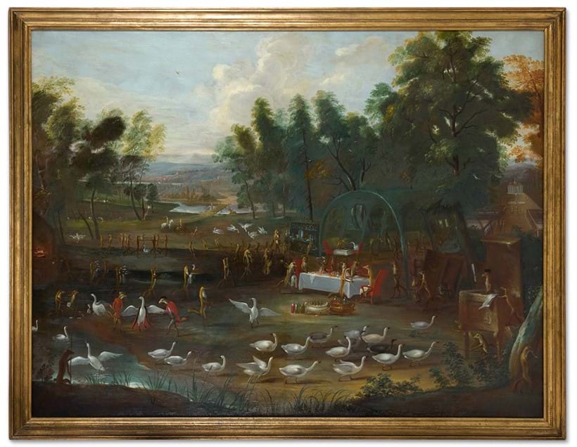 Inline Image - Lot 58: Flemish School, early 17th century, ‘A Fete Champetre of Foxes and Swans’, Oil on canvas | Sold for £35,480