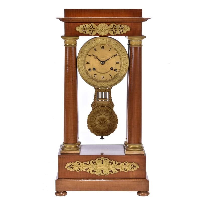 Inline Image - Lot 103, a Louis Philippe satinwood and gilt metal gilt-mounted Portico mantel clock; est. £300-500 (+fees)