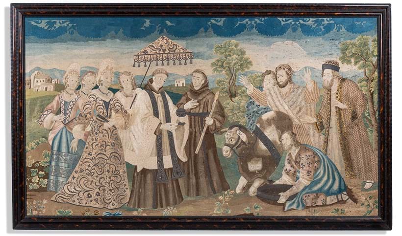 Inline Image - Lot 64: A rare and large Portuguese silk needlework picture of St Anthony of Padua and the Mule, 18th century | Est. £6,000-10,000 (+ fees)