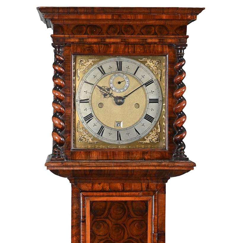 Inline Image - A fine and rare Charles II olivewood oyster veneered small longcase clock of one month duration, Thomas Tompion, London, no. 136 circa 1688/89 | Sold for £68,950