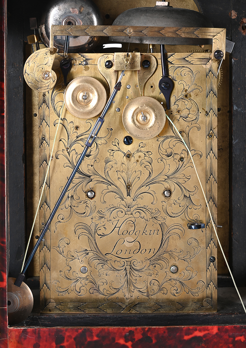 Inline Image - Detail: A rare Queen Anne gilt brass mounted tortoiseshell quarter repeating table/bracket clock with alarm, Robert Hodgkin, London, early 18th century | Sold for £6,930