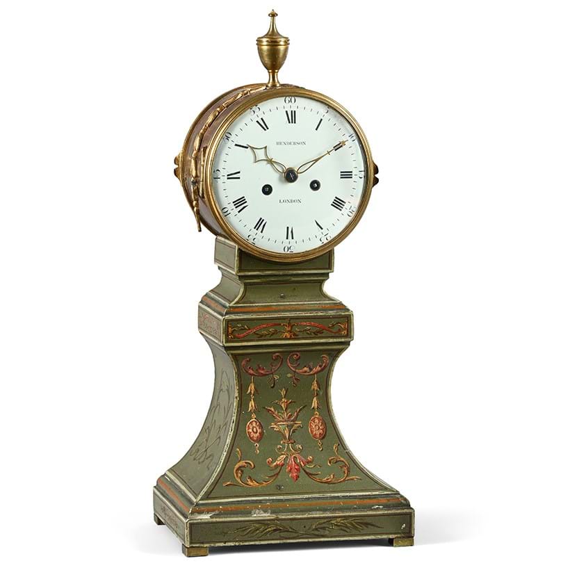 Inline Image - A George III brass and painted wood balloon-shaped mantel clock in the manner of Thomas Weeks Henderson, London, circa 1785 | Sold for £2,540