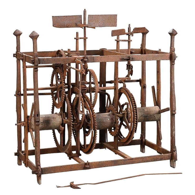 Inline Image - A rare, forged iron quarter-striking turret clock movement with early verge pendulum regulation, unsigned, probably central England, circa 1660-70 | Sold for £6,930