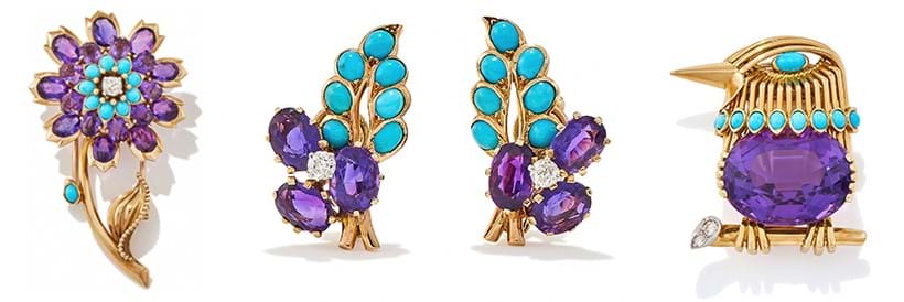 Inline Image - L-R: Cartier, an amethyst, turquoise and diamond set brooch | Sold for £13,860. Cartier, a pair of amethyst, turquoise and diamond set earrings | Sold for £15,120. Cartier, an amethyst, turquoise and diamond bird brooch | Sold for £27,000.