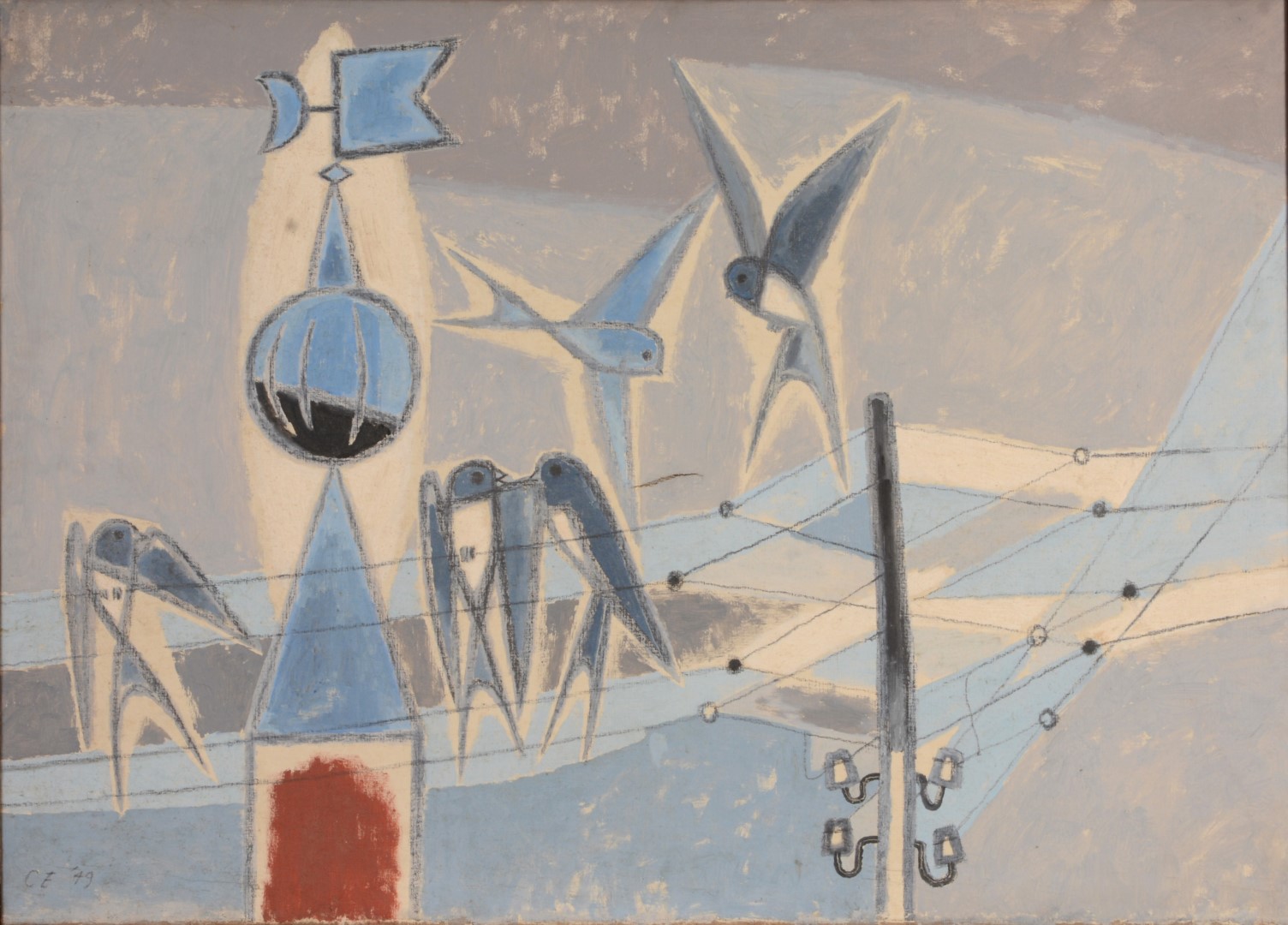 473368-1 - Clifford Ellis, Birds on a wire, Oil on canvas (Large).JPG