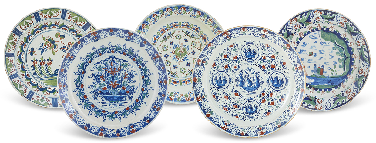 Lot 201 - A group of five mostly Bristol Delft polychrome chargers from the Michael Eaton Collection.jpg