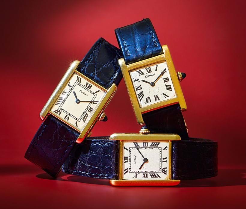 Inline Image - Clockwise: Cartier, Tank an 18 carat gold wristwatch, no. 8427, London 1968, Sold for £35,480 | Cartier, Tank Louis, ref. 8038 an 18 carat gold wristwatch, no. 10542, London 1967, Sold for £30,440 | Cartier, Tank, ref. 1845 an 18 carat gold wristwatch, no. 1845, London 1976, Sold for £25,400