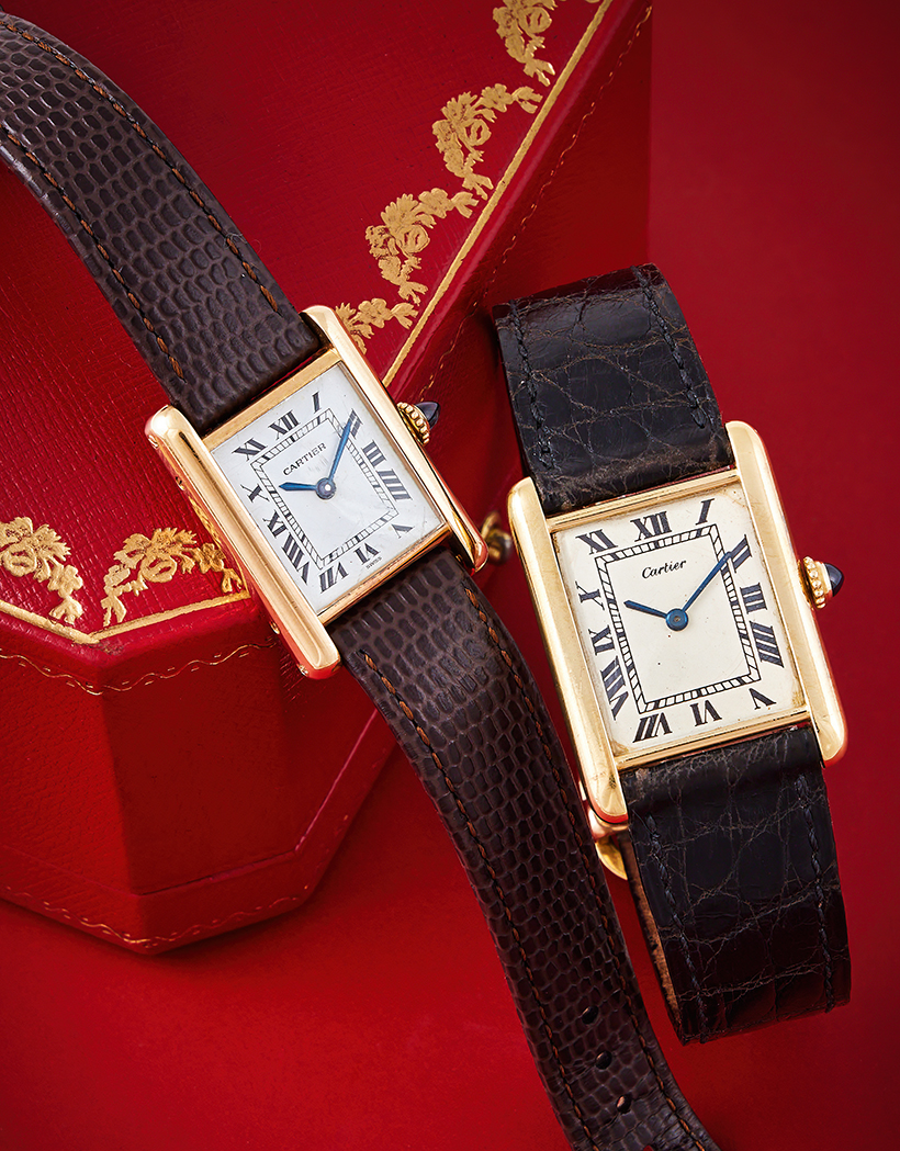 Inline Image - L-R: Cartier, Tank an 18 carat gold wristwatch, no. 780877501, Sold for £4,826 | Cartier, Tank, ref. 1845 an 18 carat gold wristwatch, no. 1845, London 1976, Sold for £25,400