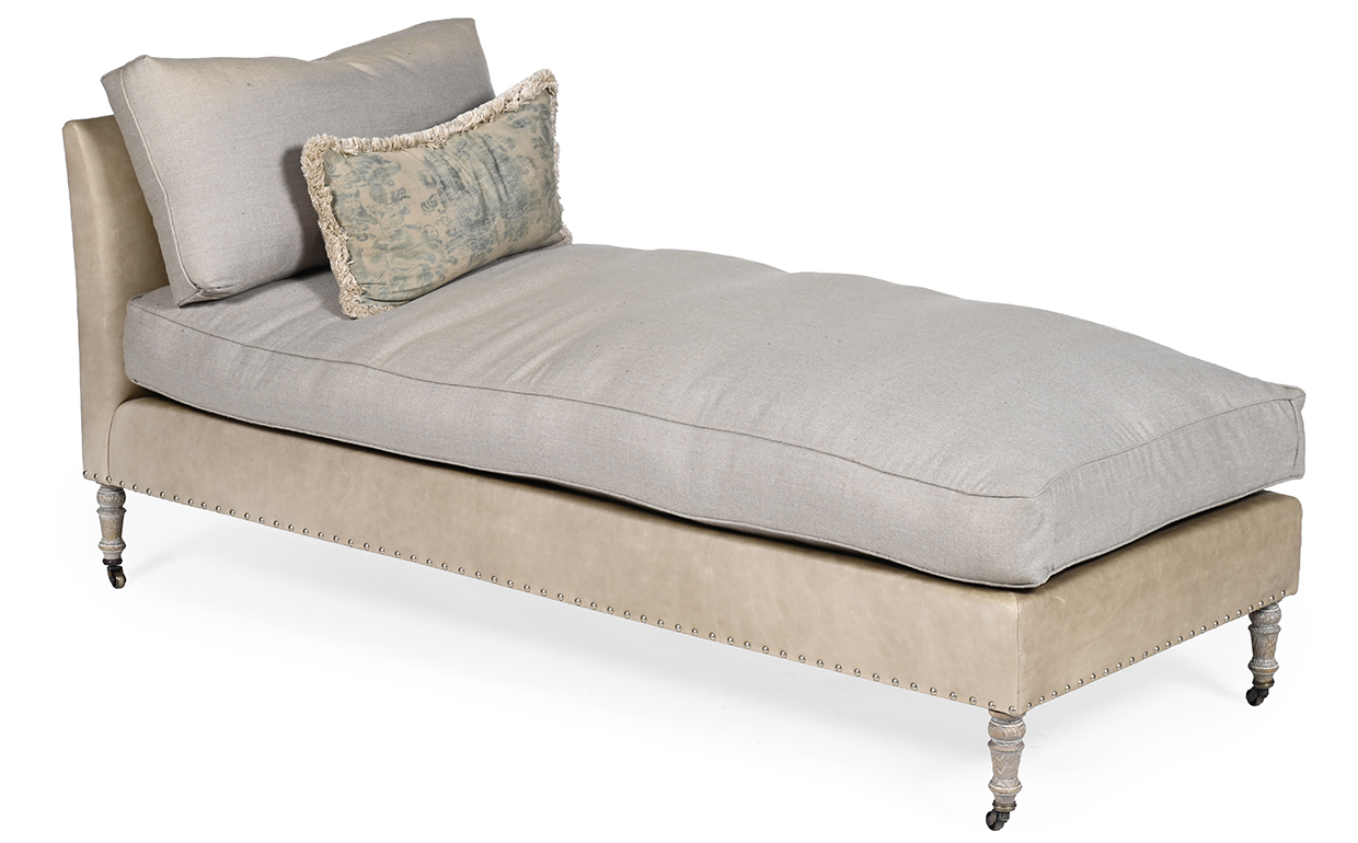 Lot 1040 - A simulated leather and cream upholstered 'Etta' daybed or chaise longue, by Louise Bradley, of recent manufacture from a Regent's Park home designed by Louise Bradley.jpg
