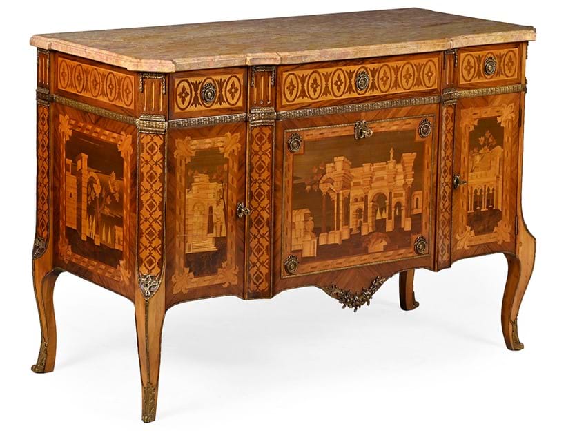 Inline Image - Lot 1211: A marquetry and marble topped commode in Italian 18th century style, first half 20th century | Est. £800-1,200 (+ fees)