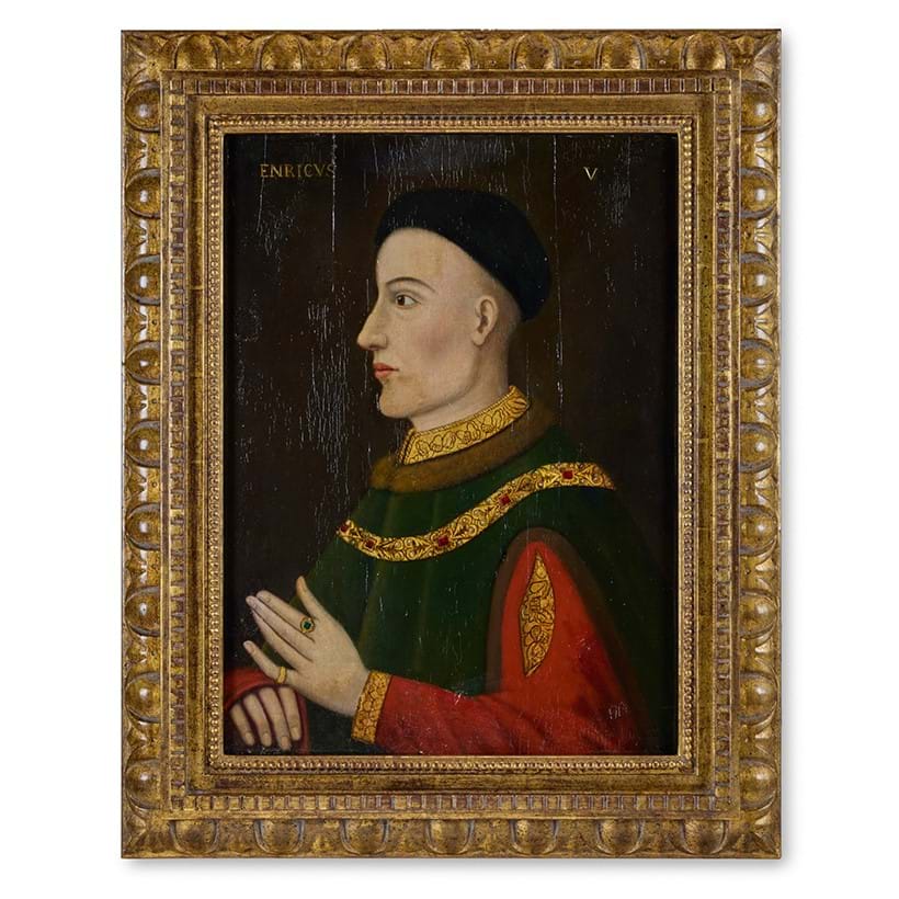 Inline Image - Lot 6: English School (late 16th/early 17th century), ‘Portrait of Henry V, Half Length, Wearing A Green Fur-Edged Cloak Over a Red Tunic and a Gold Collar Decorated with Rubies and Pearls’, Oil on panel | Est. £1,500 - 2,500 (+ fees)