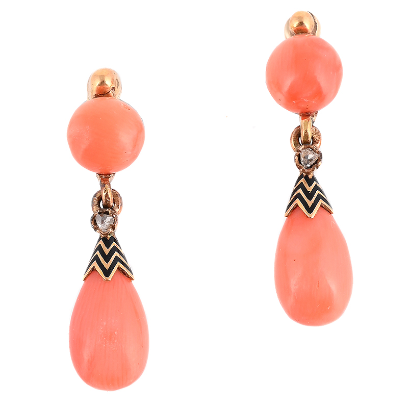 A pair of French early 20th century coral, enamel and diamond earrings