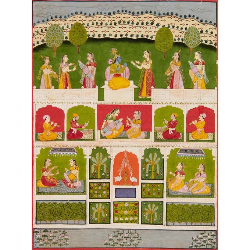 Inline Image - Scene from a Ragamala, Radha greets Krishna, possibly the Kamod Ragini [Datia or Budelkhand, India, c. 1720 AD]; est £750-1,000, sold for £1,860