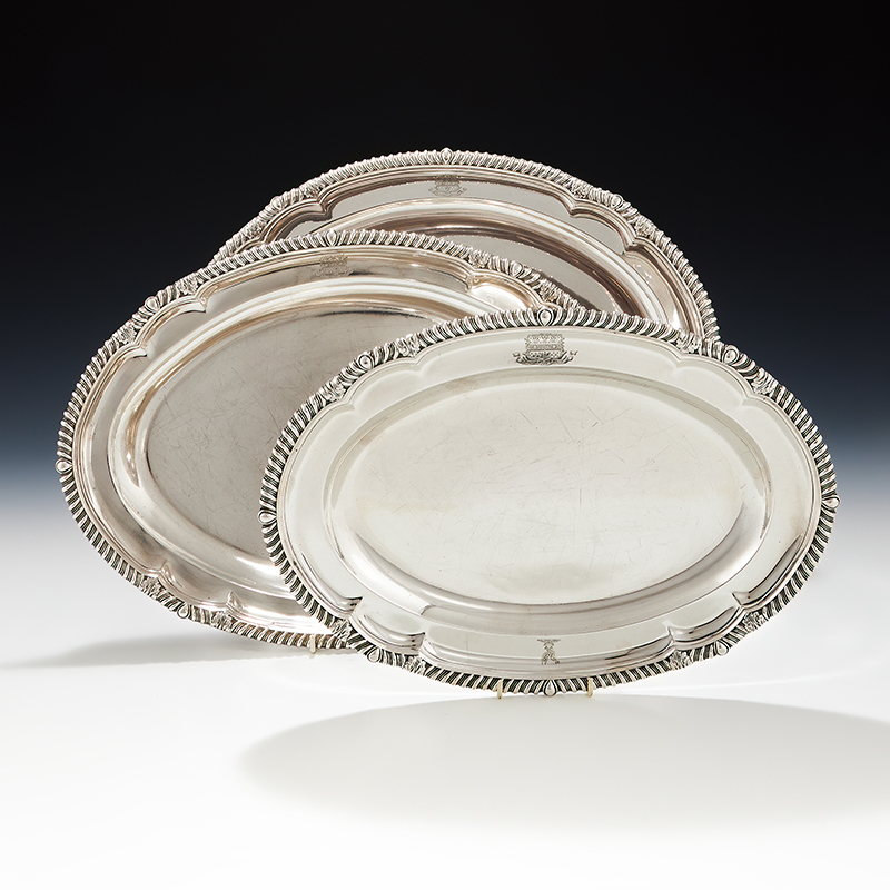 Three George III silver shaped oval meat dishes, Paul Storr, London 1810 (1) and 1811 (2)