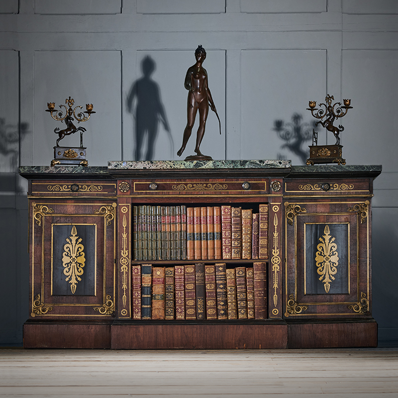 A Regency rosewood, ebony and brass marquetry breakfront side cabinet, attributed to George Bullock, circa 1815