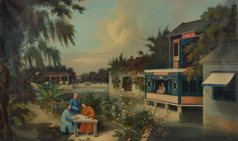 Inline Image - Lot 18, Circle of Youqua (fl.1840-1880), Three men playing Go in a Chinese garden; est. £3,000-5,000, sold for £12,500