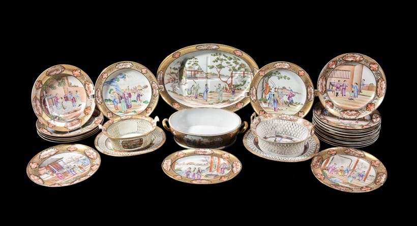 Inline Image - Part of lot 238, an attractive Chinese Famille Rose 'Rockefeller' pattern part-service,; est. £10,000-15,000, sold for £143,750
