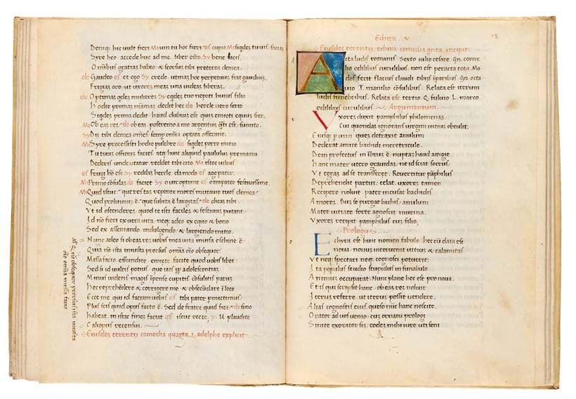 Inline Image - Lot 53, Terence, Comoediae, in Latin, illuminated manuscript on paper and parchment, [Italy (probably Florence), dated 4 April 1446]; est. £25,000-35,000 (+fees)