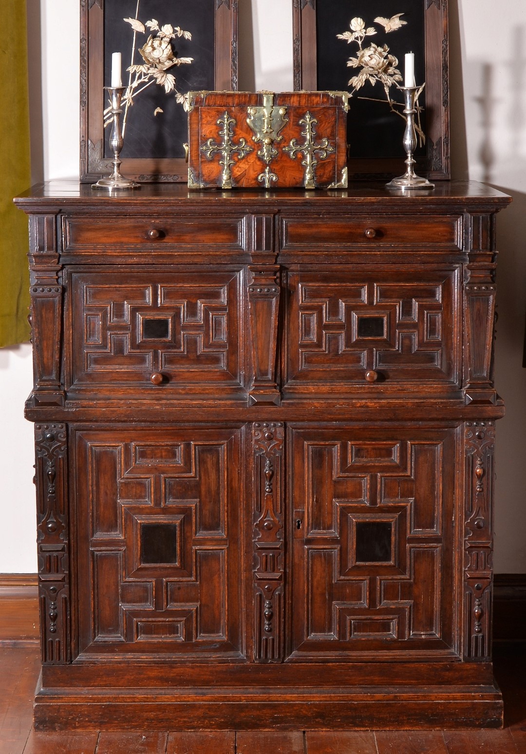 Inline Image - Lot 133: A William and Mary kingwood oyster veneered coffer-fort, circa 1690; est. £1,500-2,500 (+fees) | Lot 207: A Charles II snake wood, oak and walnut enclosed chest, est. £1,500-2,500 (+fees)