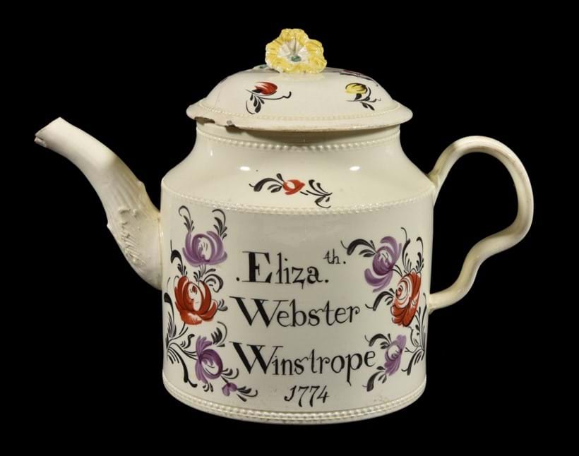 Inline Image - Lot 89, commemorative English creamware teapot and cover, dated 1774; est. £300-500 (+ fees) | Provenance: The Oxborrow Collection