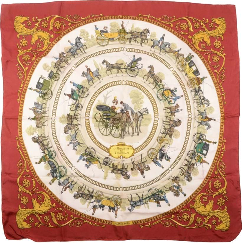 Inline Image - Lot 689, La Promenade de Longchamps, silk scarf designed by Ledoux, with horse and carriage decoration, with rolled edges; est. £80-120 (+fees)