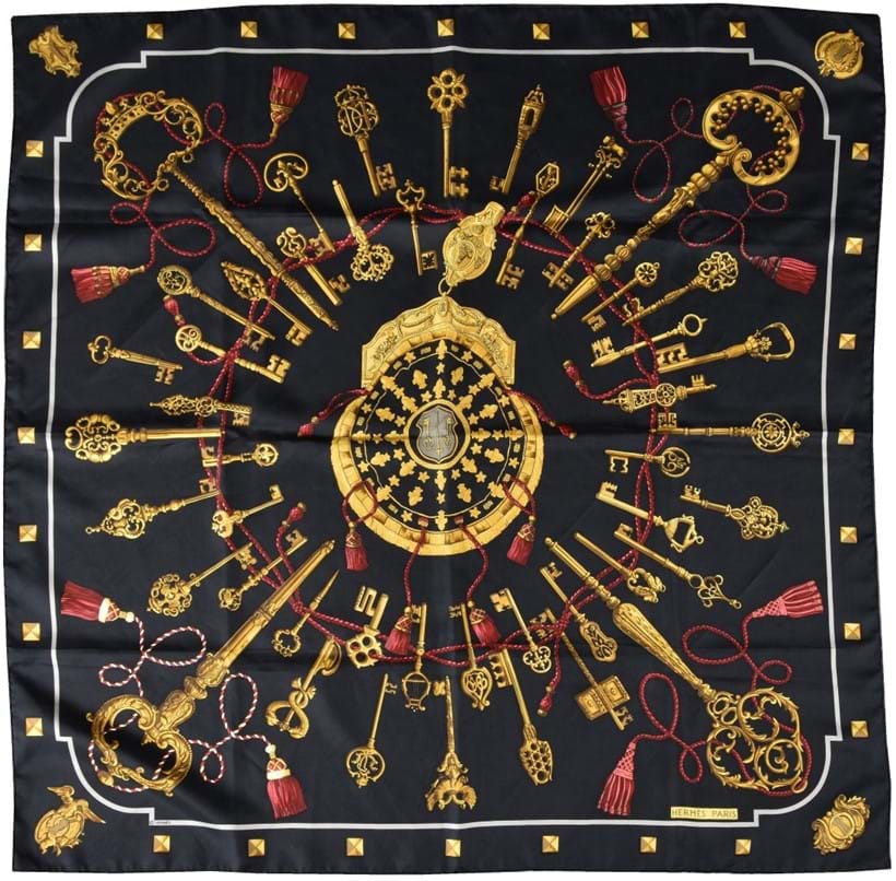 Inline Image - Lot 690, Les Cles, black silk scarf, designed by Cathy Latham 
with key and tassel decoration and rolled edges; est. £120-160 (+fees)