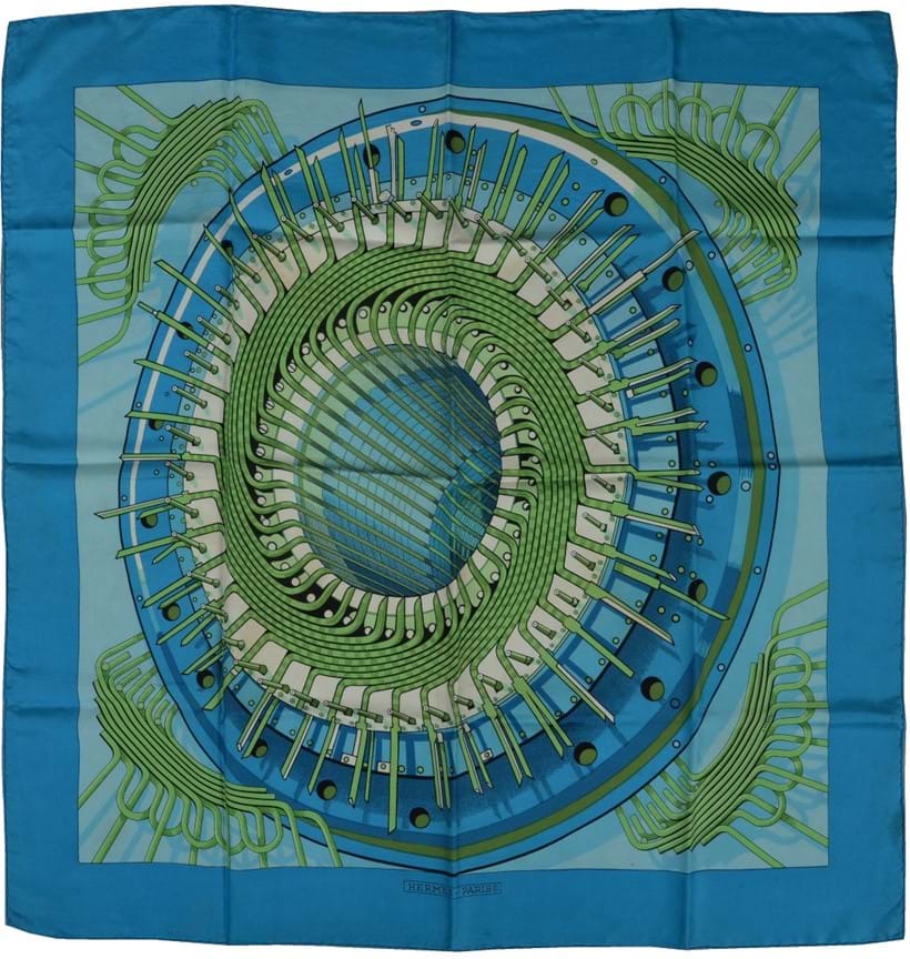 Inline Image - Lot 697, Alternateur, turquoise silk scarf designed by Pierre Peron, decorated with an alternator, with rolled edges; est. £120-160 (+fees)