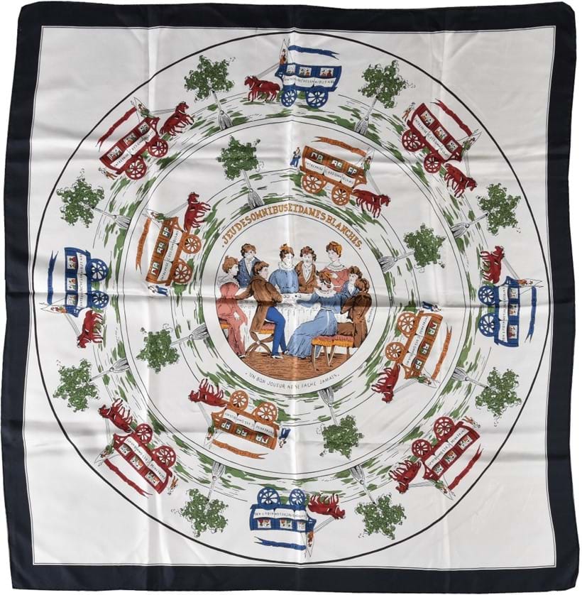 Inline Image - Lot 704, Jeu Des Omnibus Et Dames Blanches, silk scarf
with horse and carriage decoration and ladies seated around a table playing a game, with rolled edges; est. £80-120 (+fees)
