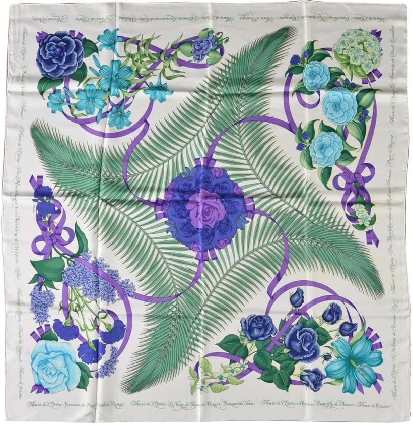 Inline Image - Lot 706, Fleurs De L'opera, white silk scarf, designed by Julie Abadie, with floral, foliage and ribbon decoration, with rolled edges; est. £70-100 (+fees)