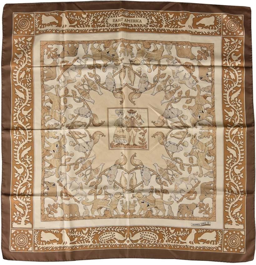 Inline Image - Lot 707, Early America, brown silk scarf, designed by Francoise De La Perron, with animal and foliate decoration, the centre featuring General and Lady Washington, with rolled edges; est. £70-100 (+fees)