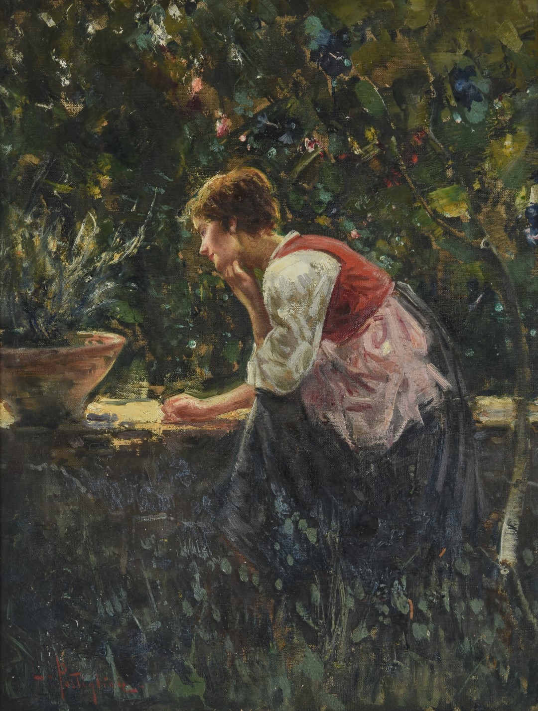 Inline Image - Lot 185, Luca Postiglione (Italian 1876-1936), Young girl sitting in the garden; est. £400-600 (+fees)