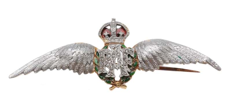 Inline Image - Lot 34, a mid 20th century diamond set RAF sweetheart brooch, with textured wings; est. £150-250 (+fees)