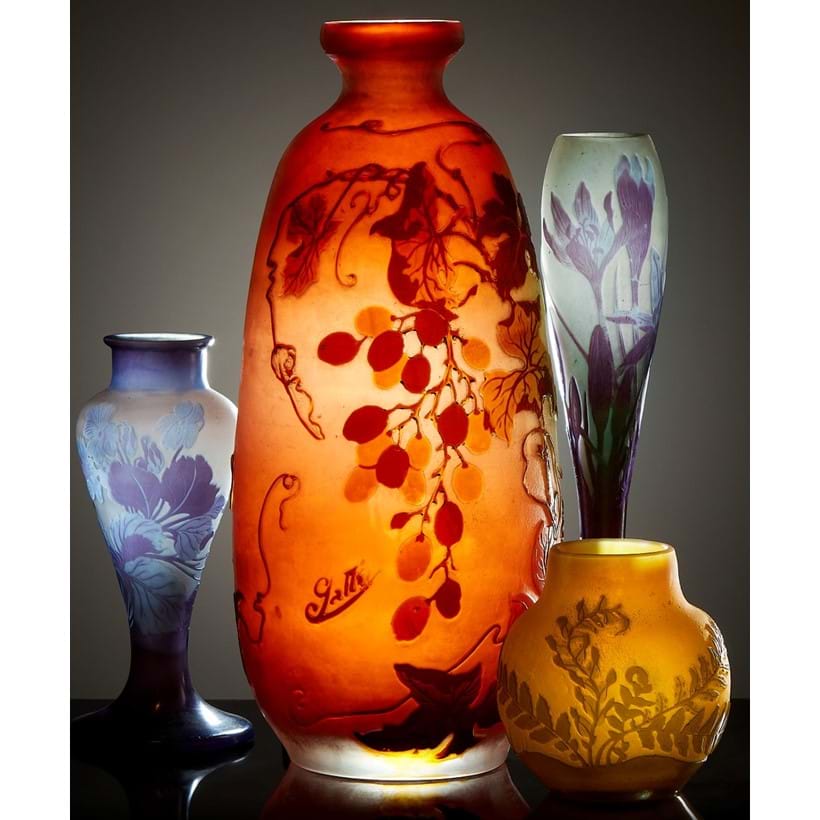 Inline Image - Left to right, lot 84: cameo glass small vase, est. £400-600 (+fees) | lot 70: cameo glass tall vase, est. £1,200-1,800 (+fees) | 
lot 85: cameo glass slender vase, est. £500-700 (+fees) | lot 79: cameo glass small ovoid vase, est. £300-500 (+fees)